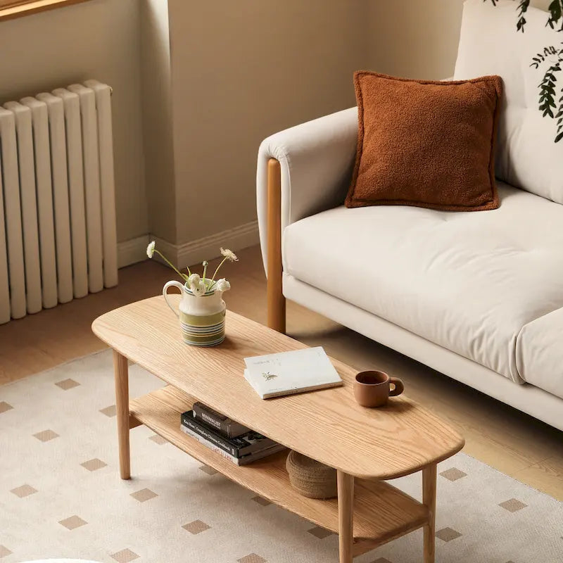 Table basse en chêne massif avec étagère de rangement inférieure | Conception à 2 niveaux | Finition non toxique | Salon