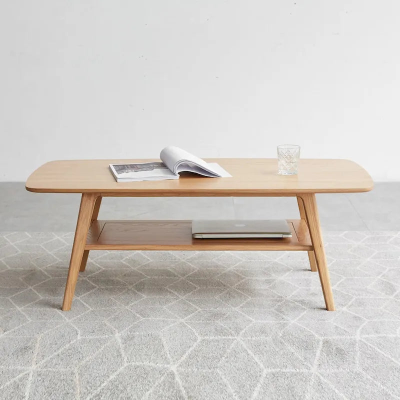 Table basse en chêne massif avec étagère de rangement inférieure | Conception à 2 niveaux | Finition non toxique | Salon