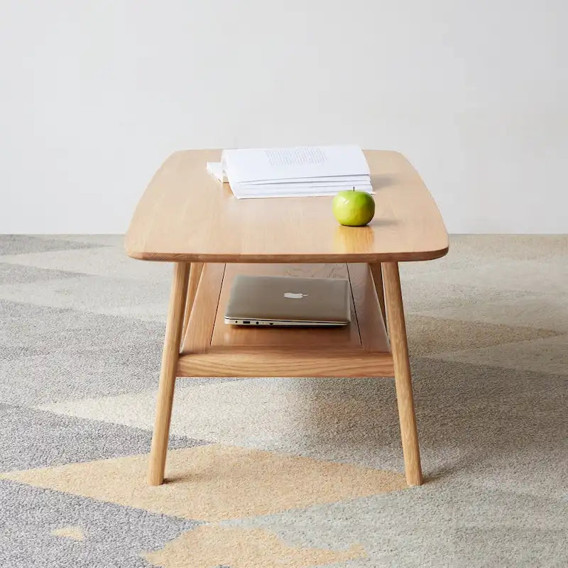 Table basse en chêne massif avec étagère de rangement inférieure | Conception à 2 niveaux | Finition non toxique | Salon