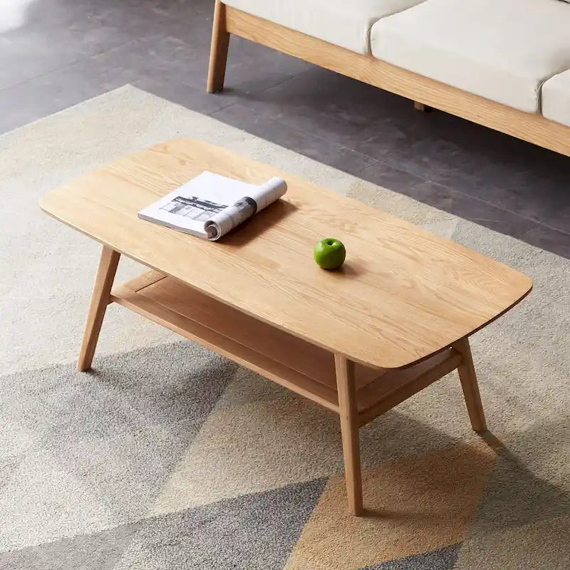 Table basse en chêne massif avec étagère de rangement inférieure | Conception à 2 niveaux | Finition non toxique | Salon