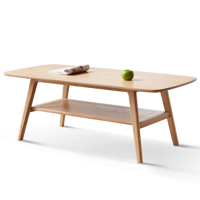 Table basse en chêne massif avec étagère de rangement inférieure | Conception à 2 niveaux | Finition non toxique | Salon