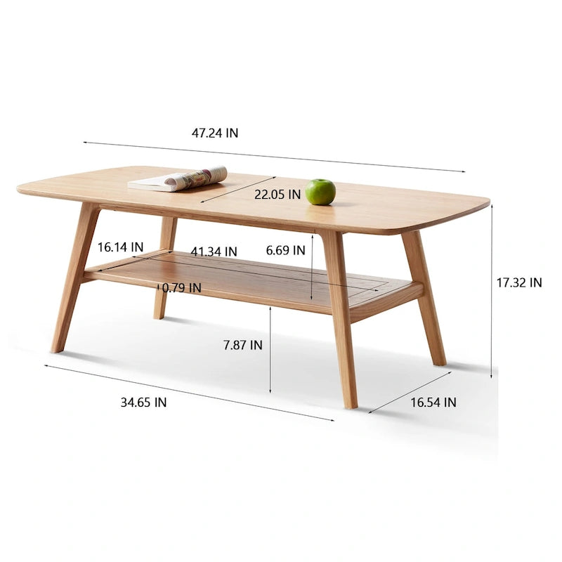 Table basse en chêne massif avec étagère de rangement inférieure | Conception à 2 niveaux | Finition non toxique | Salon