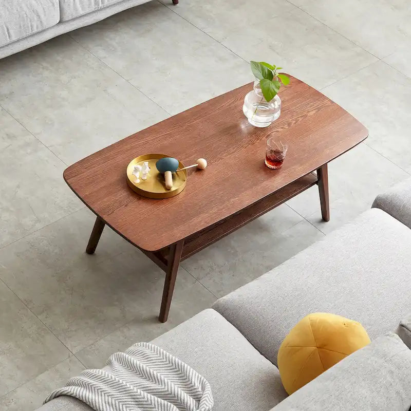 Table basse en chêne massif avec étagère de rangement inférieure | Conception à 2 niveaux | Finition non toxique | Salon