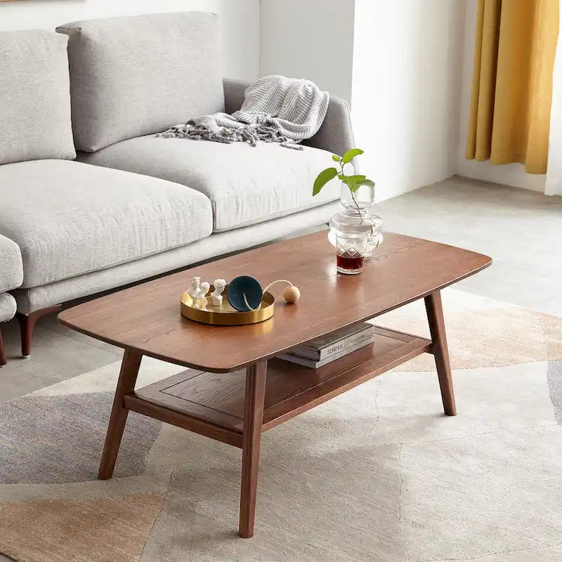 Table basse en chêne massif avec étagère de rangement inférieure | Conception à 2 niveaux | Finition non toxique | Salon