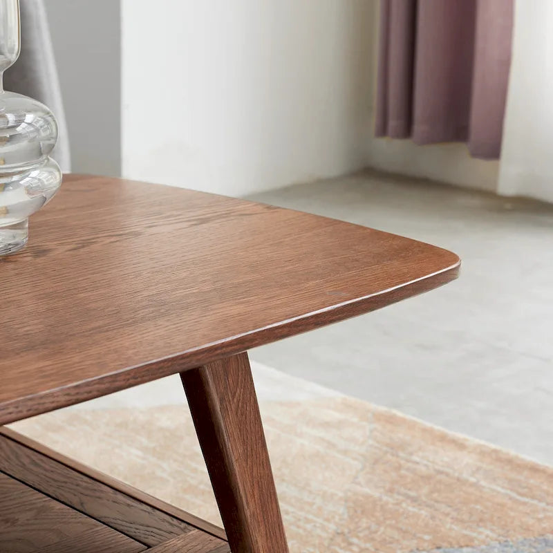 Table basse en chêne massif avec étagère de rangement inférieure | Conception à 2 niveaux | Finition non toxique | Salon