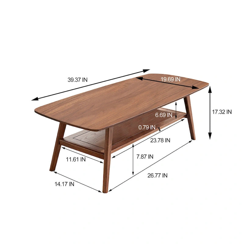 Table basse en chêne massif avec étagère de rangement inférieure | Conception à 2 niveaux | Finition non toxique | Salon