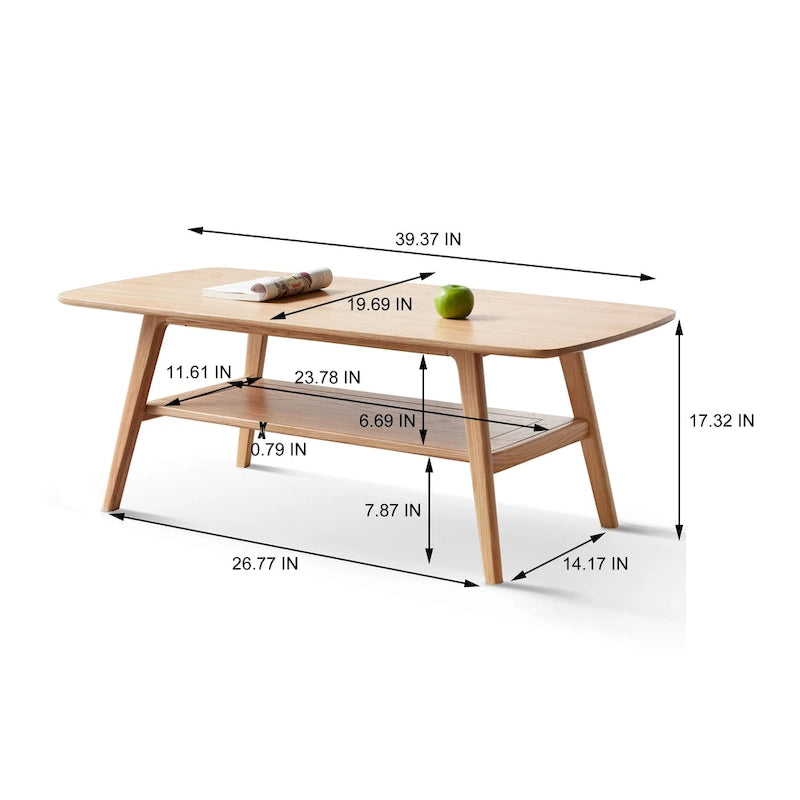 Table basse en chêne massif avec étagère de rangement inférieure | Conception à 2 niveaux | Finition non toxique | Salon
