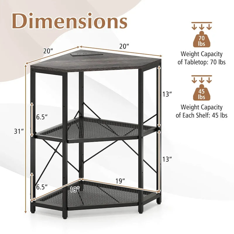 Support d'imprimante d'angle avec station de charge | 3 niveaux réglables | Cadre métallique | 2 prises CA + USB-C | 50x50 cm