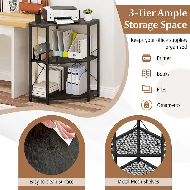 Support d'imprimante d'angle avec station de charge | 3 niveaux réglables | Cadre métallique | 2 prises CA + USB-C | 50x50 cm