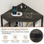 Support d'imprimante d'angle avec station de charge | 3 niveaux réglables | Cadre métallique | 2 prises CA + USB-C | 50x50 cm