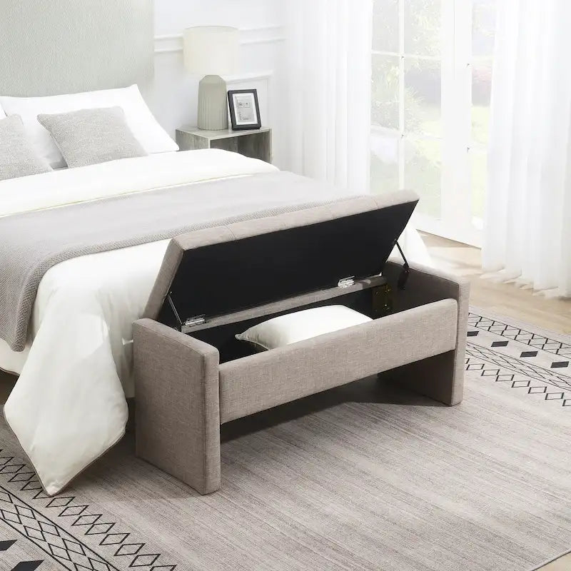 Banc Ottoman de Rangement Rembourré | Tissu Lin | Mousse Haute Densité | 120 cm | Capacité 113 kg