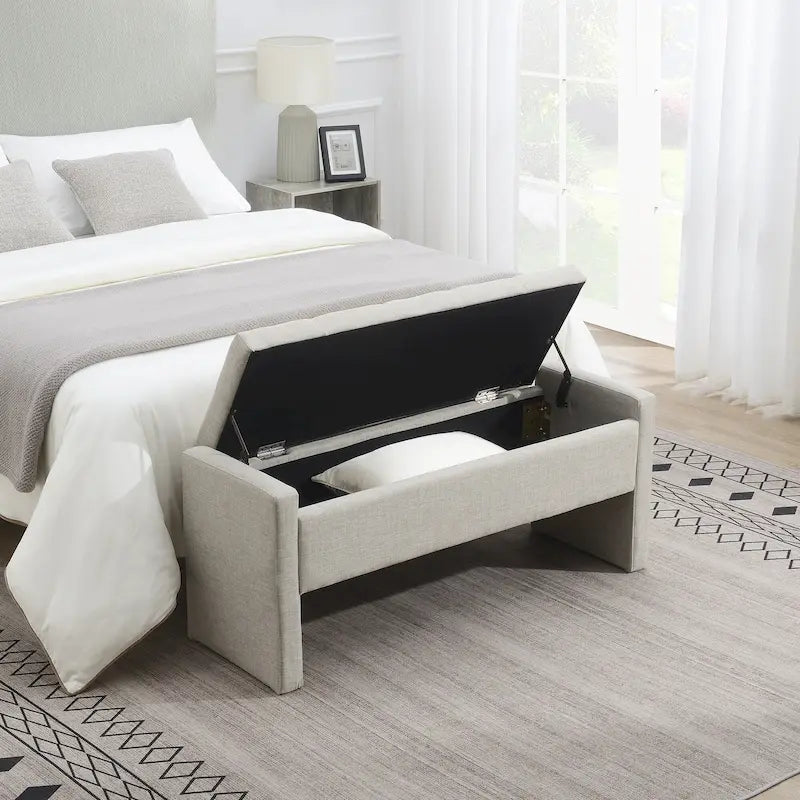 Banc Ottoman de Rangement Rembourré | Tissu Lin | Mousse Haute Densité | 120 cm | Capacité 113 kg