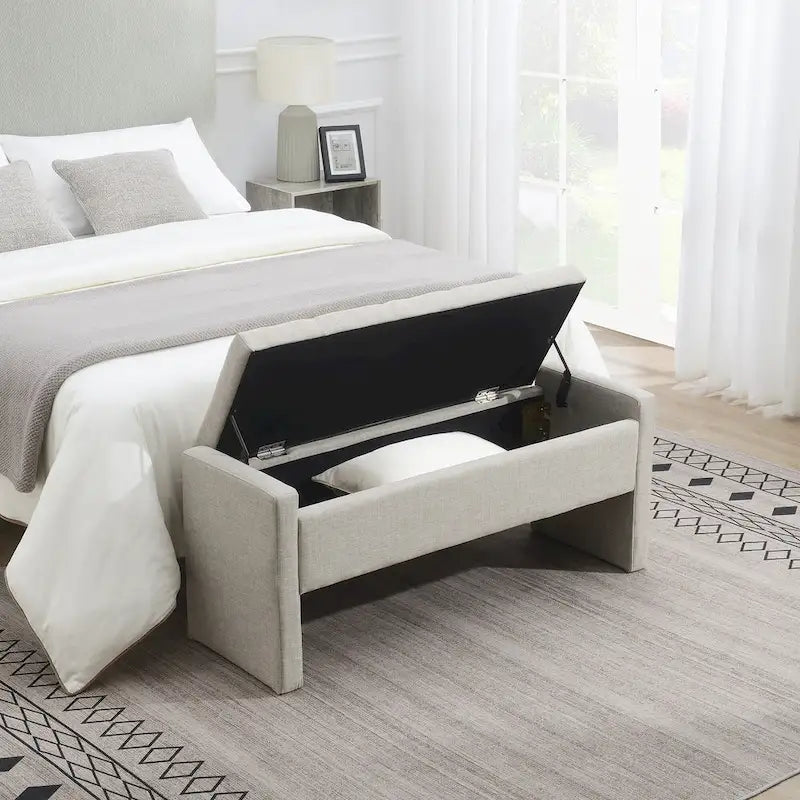 Banc Ottoman de Rangement Rembourré | Tissu Lin | Mousse Haute Densité | 120 cm | Capacité 113 kg