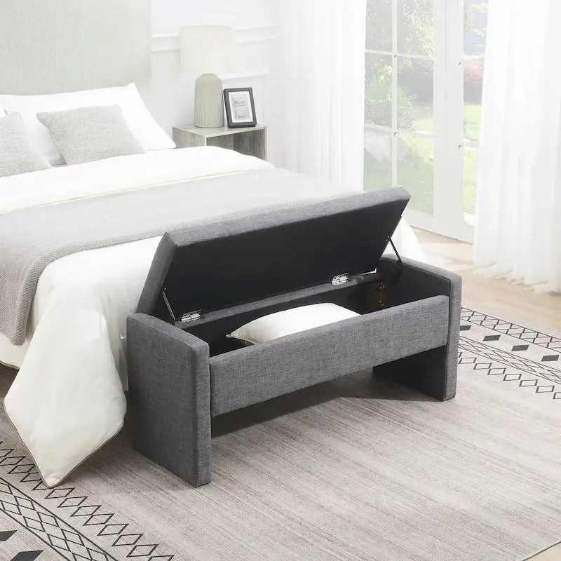 Banc Ottoman de Rangement Rembourré | Tissu Lin | Mousse Haute Densité | 120 cm | Capacité 113 kg