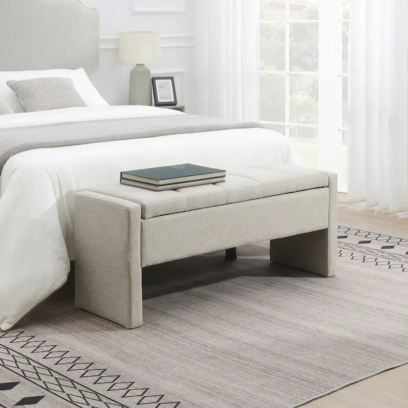 Banc Ottoman de Rangement Rembourré | Tissu Lin | Mousse Haute Densité | 120 cm | Capacité 113 kg