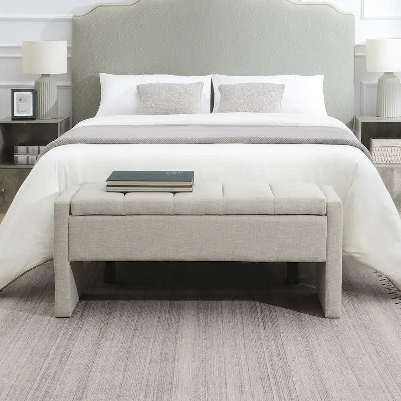 Banc Ottoman de Rangement Rembourré | Tissu Lin | Mousse Haute Densité | 120 cm | Capacité 113 kg