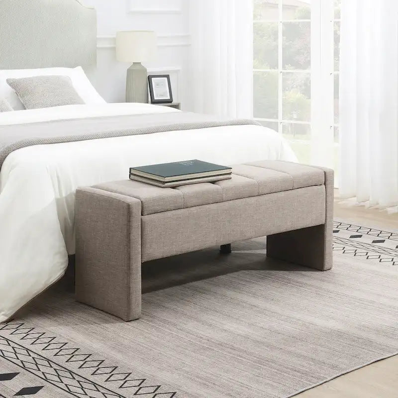 Banc Ottoman de Rangement Rembourré | Tissu Lin | Mousse Haute Densité | 120 cm | Capacité 113 kg