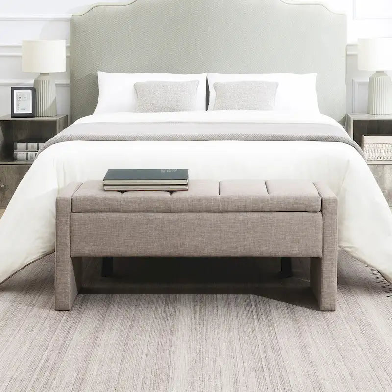 Banc Ottoman de Rangement Rembourré | Tissu Lin | Mousse Haute Densité | 120 cm | Capacité 113 kg