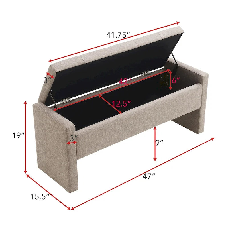 Banc Ottoman de Rangement Rembourré | Tissu Lin | Mousse Haute Densité | 120 cm | Capacité 113 kg