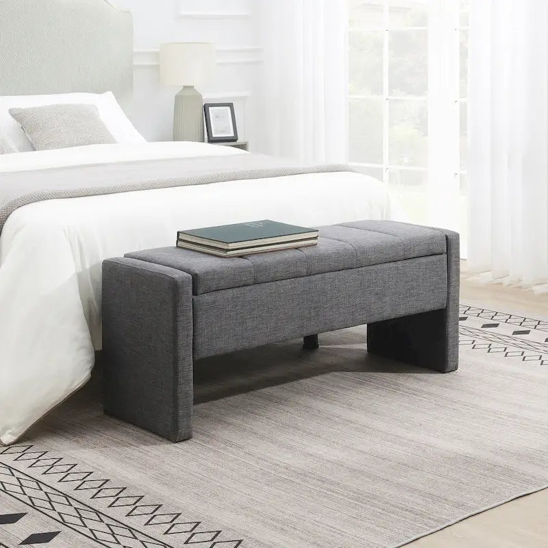 Banc Ottoman de Rangement Rembourré | Tissu Lin | Mousse Haute Densité | 120 cm | Capacité 113 kg