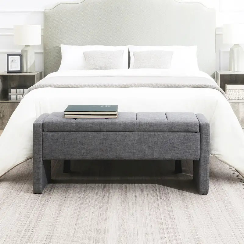 Banc Ottoman de Rangement Rembourré | Tissu Lin | Mousse Haute Densité | 120 cm | Capacité 113 kg