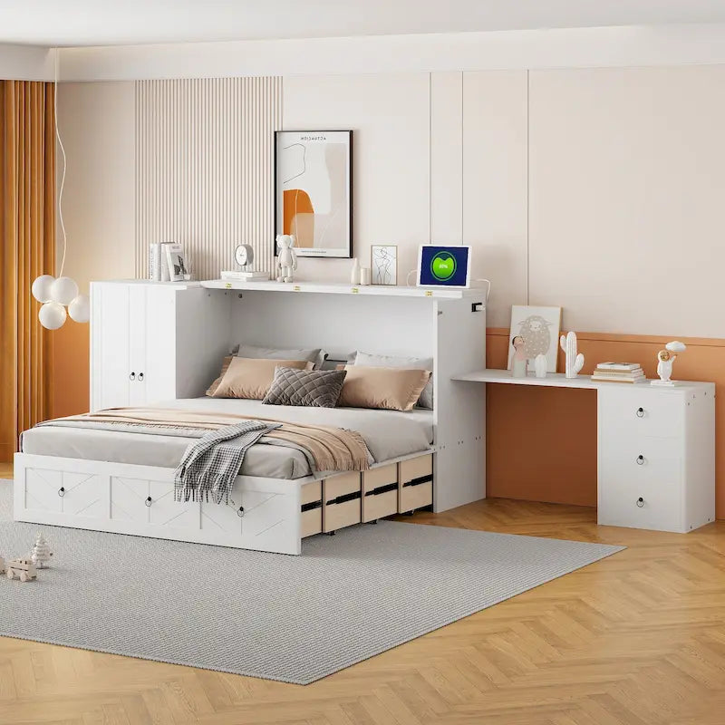 Lit escamotable Queen avec bureau intégré, armoire et tiroir | Chargement USB | Bois de pin et MDF | Gain de place