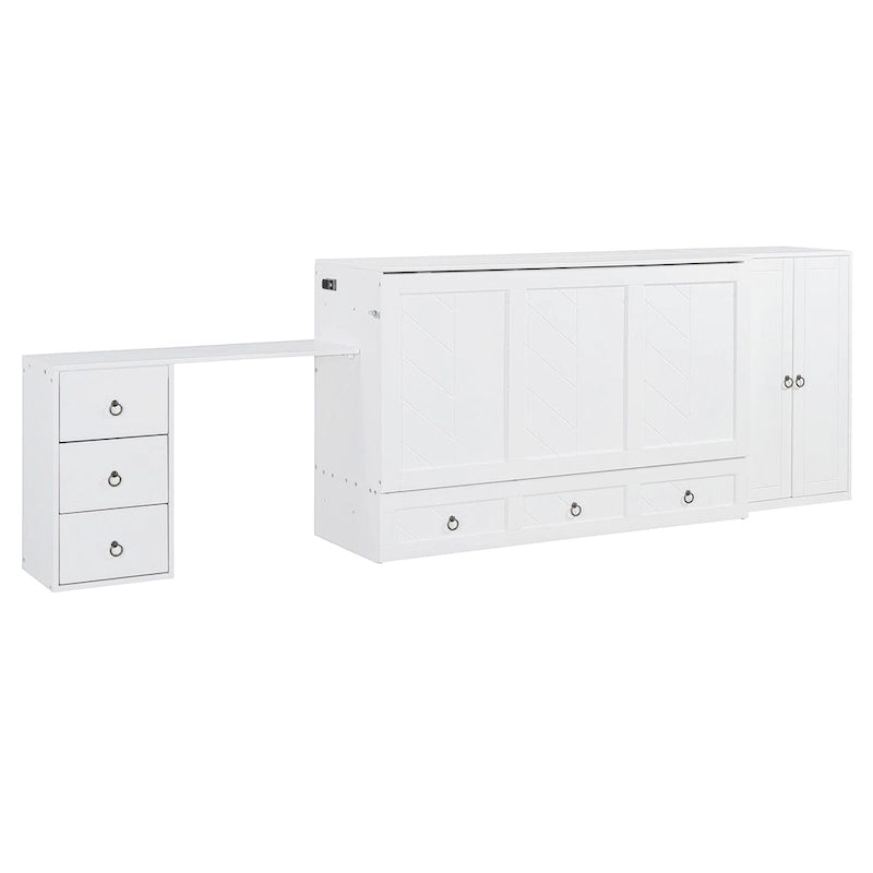 Queen Size Murphy Bed with USB Port, Large Drawer, and Desk