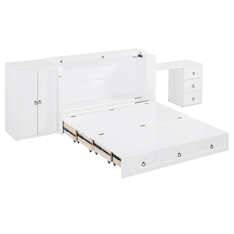 Lit escamotable Queen avec bureau intégré, armoire et tiroir | Chargement USB | Bois de pin et MDF | Gain de place