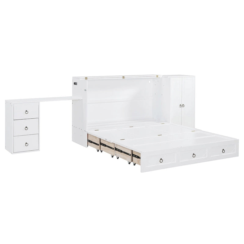 Lit escamotable Queen avec bureau intégré, armoire et tiroir | Chargement USB | Bois de pin et MDF | Gain de place