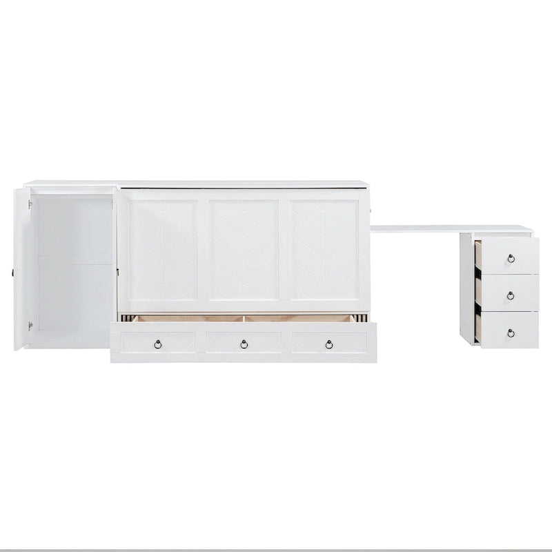 Lit escamotable Queen avec bureau intégré, armoire et tiroir | Chargement USB | Bois de pin et MDF | Gain de place