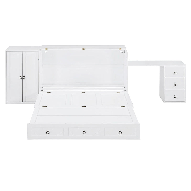 Lit escamotable Queen avec bureau intégré, armoire et tiroir | Chargement USB | Bois de pin et MDF | Gain de place