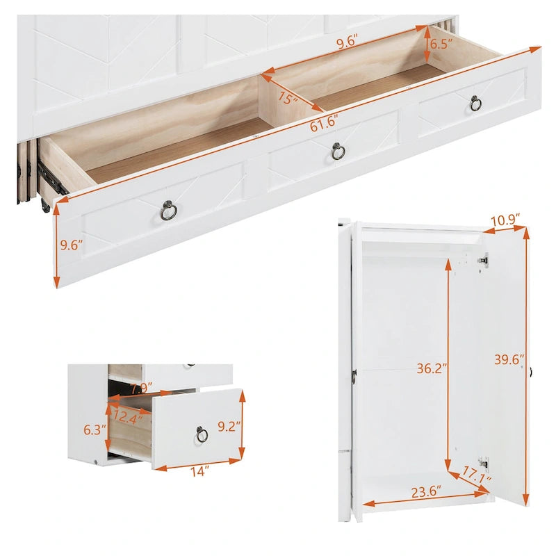 Lit escamotable Queen avec bureau intégré, armoire et tiroir | Chargement USB | Bois de pin et MDF | Gain de place