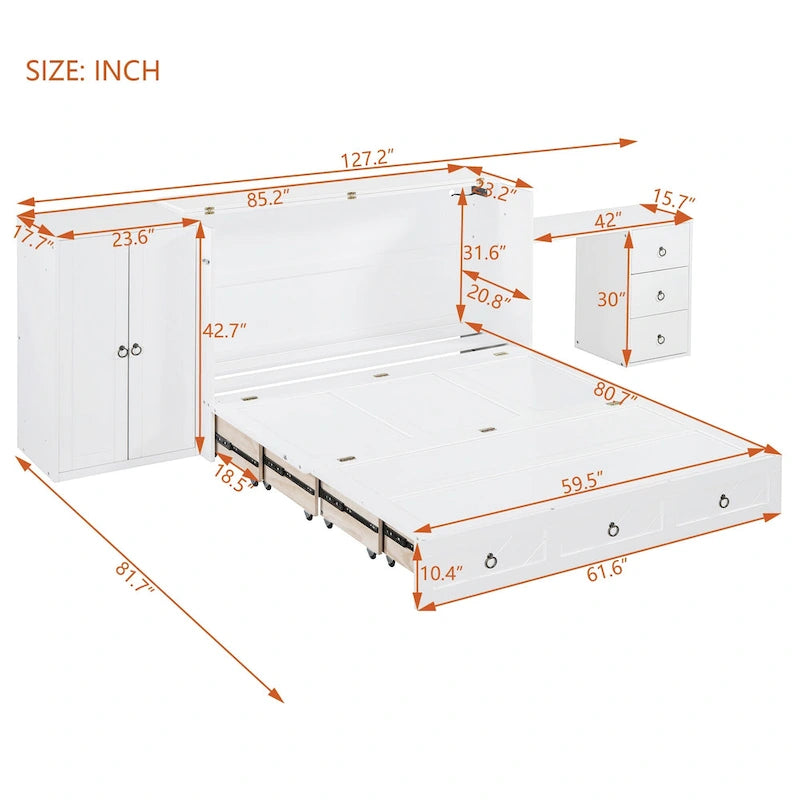 Lit escamotable Queen avec bureau intégré, armoire et tiroir | Chargement USB | Bois de pin et MDF | Gain de place