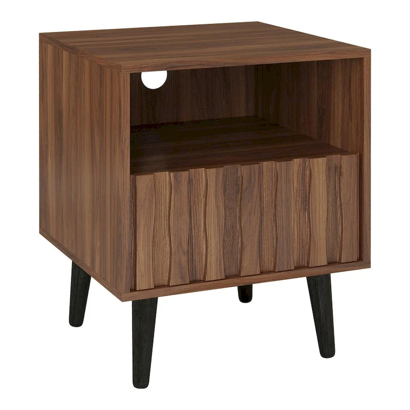 Table de chevet moderne du milieu du siècle, table d'appoint cannelée avec tiroir et rangement ouvert