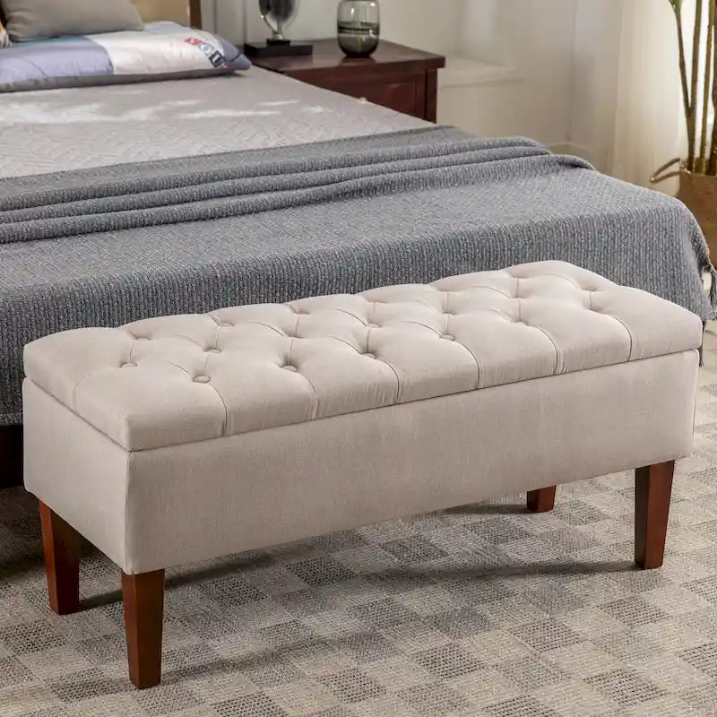 Banc Ottoman de Rangement en Tissu avec Pieds en Bois d'Hévéa | Rangement Caché | Chambre & Entrée
