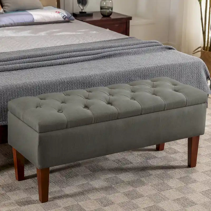 Banc Ottoman de Rangement en Tissu avec Pieds en Bois d'Hévéa | Rangement Caché | Chambre & Entrée