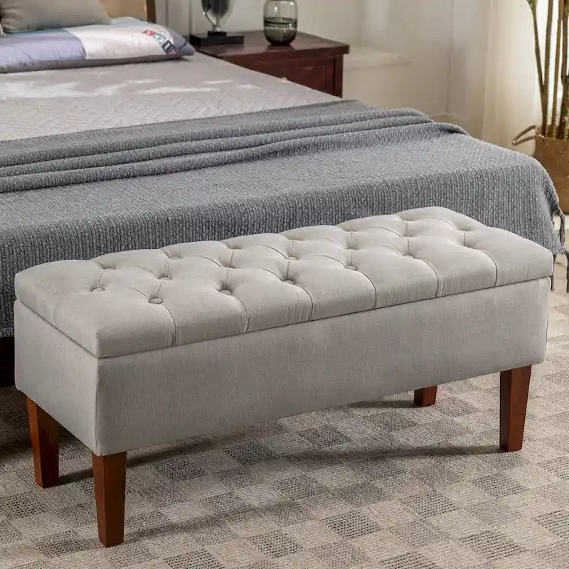 Banc Ottoman de Rangement en Tissu avec Pieds en Bois d'Hévéa | Rangement Caché | Chambre & Entrée