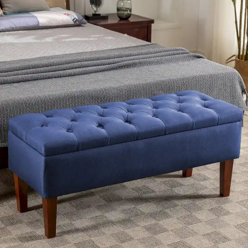 Banc Ottoman de Rangement en Tissu avec Pieds en Bois d'Hévéa | Rangement Caché | Chambre & Entrée