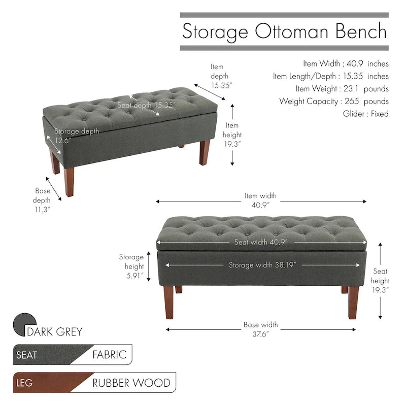 Banc Ottoman de Rangement en Tissu avec Pieds en Bois d'Hévéa | Rangement Caché | Chambre & Entrée