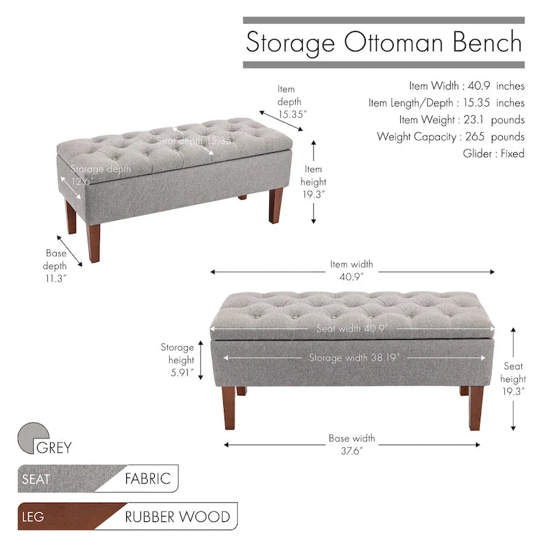 Banc Ottoman de Rangement en Tissu avec Pieds en Bois d'Hévéa | Rangement Caché | Chambre & Entrée