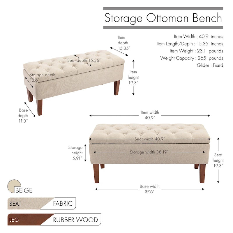 Banc Ottoman de Rangement en Tissu avec Pieds en Bois d'Hévéa | Rangement Caché | Chambre & Entrée