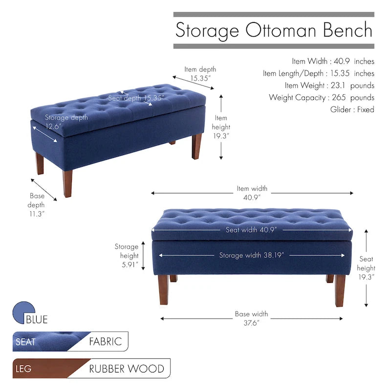 Banc Ottoman de Rangement en Tissu avec Pieds en Bois d'Hévéa | Rangement Caché | Chambre & Entrée