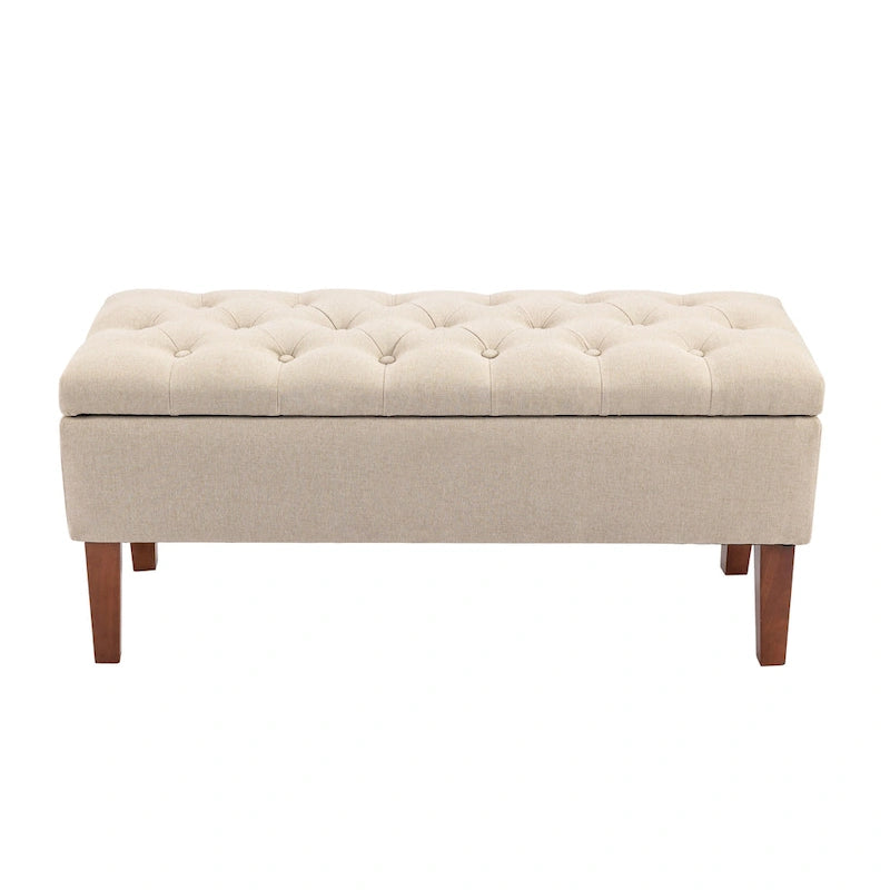 Banc Ottoman de Rangement en Tissu avec Pieds en Bois d'Hévéa | Rangement Caché | Chambre & Entrée