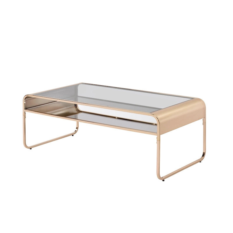 Table basse contemporaine 48" en verre trempé | Étagère inférieure en miroir | Fini métallique | Or ou Argent