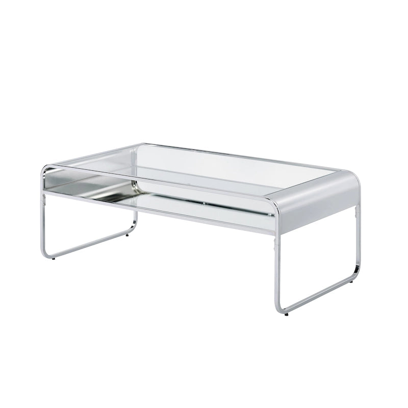 Table basse contemporaine 48" en verre trempé | Étagère inférieure en miroir | Fini métallique | Or ou Argent