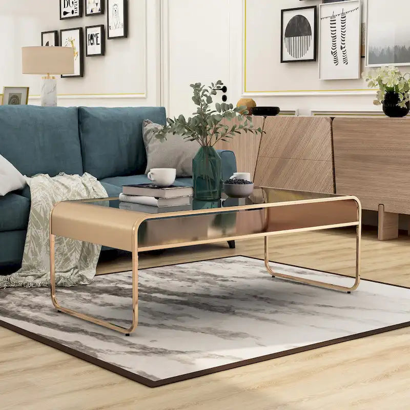 Table basse contemporaine 48" en verre trempé | Étagère inférieure en miroir | Fini métallique | Or ou Argent