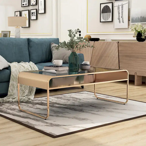 Table basse contemporaine 48" en verre trempé | Étagère inférieure en miroir | Fini métallique | Or ou Argent