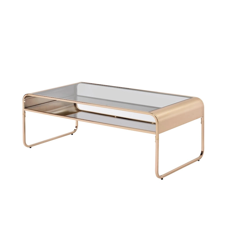 Table basse contemporaine 48" en verre trempé | Étagère inférieure en miroir | Fini métallique | Or ou Argent