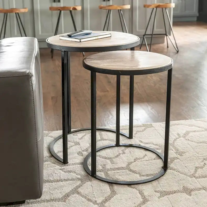 Ensemble de 2 tables d'appoint gigognes en bois de manguier | Style industriel | Piètement en fer noir ou doré | Aucun assemblage requis