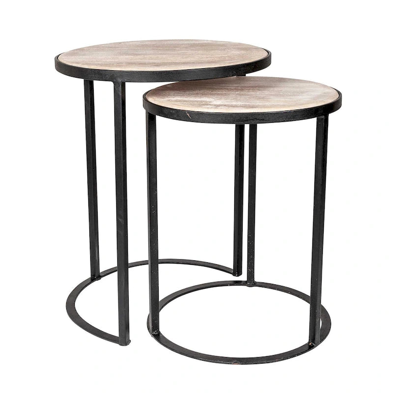 Ensemble de 2 tables d'appoint gigognes en bois de manguier | Style industriel | Piètement en fer noir ou doré | Aucun assemblage requis